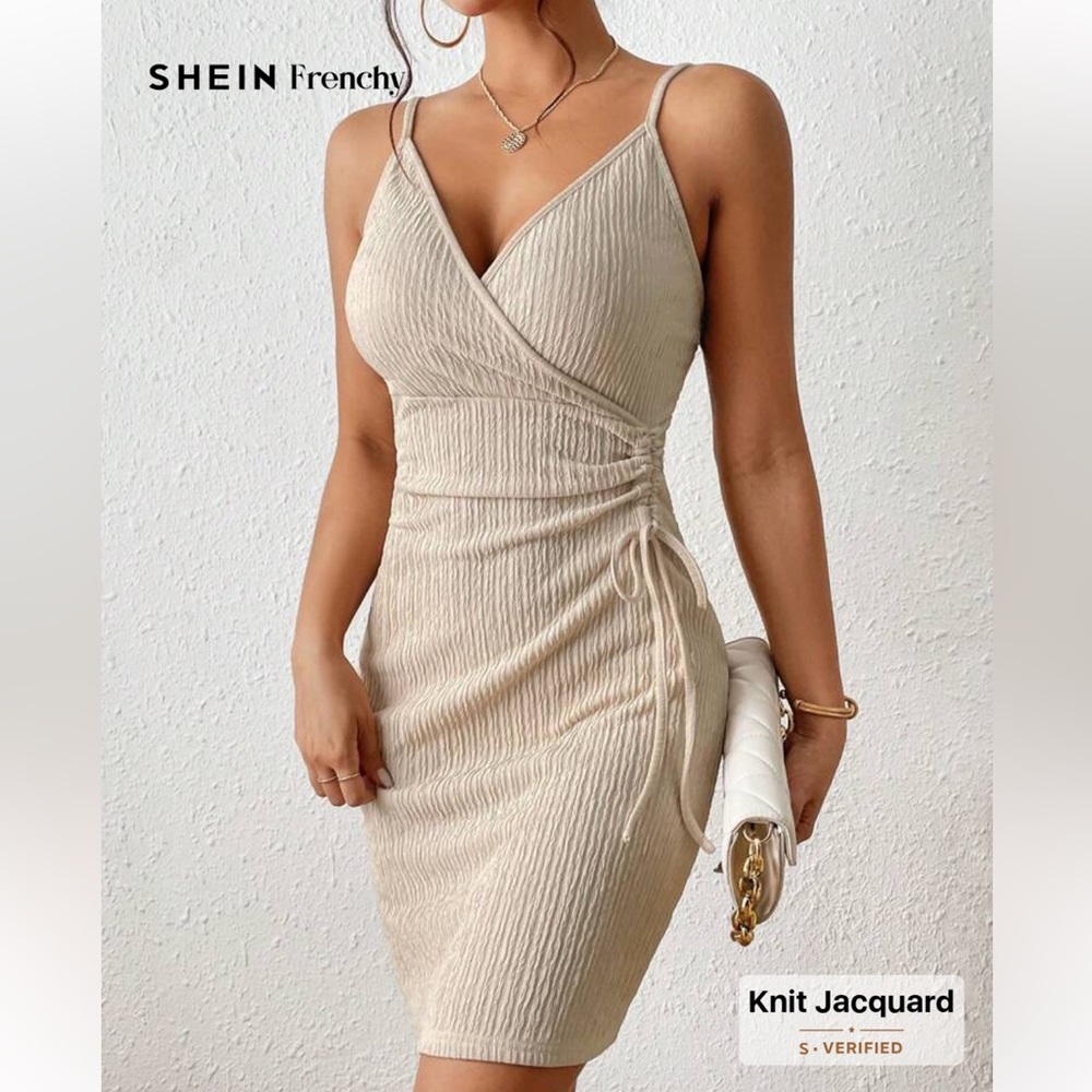 SHEIN Frenchy Beige Wrap Mini Dress